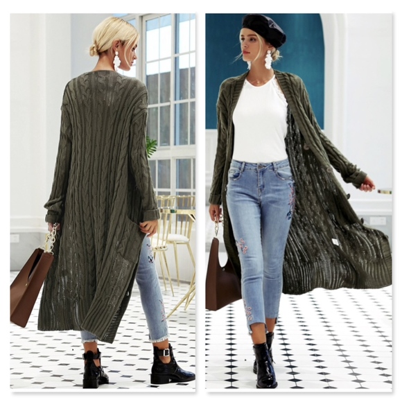 Rouge! Sweaters - Green Cable Knit Cardigan Buttoned with Pockets